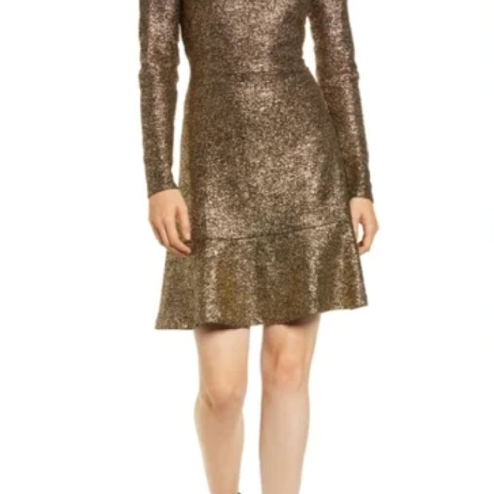 Michael Kors Gold Foil Flounce Dress with Long Sleeves